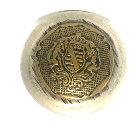 Handmade Silver Tone Womens Stretch Ring Made with Vintage Brass Uniform Button - Picture 2 of 3